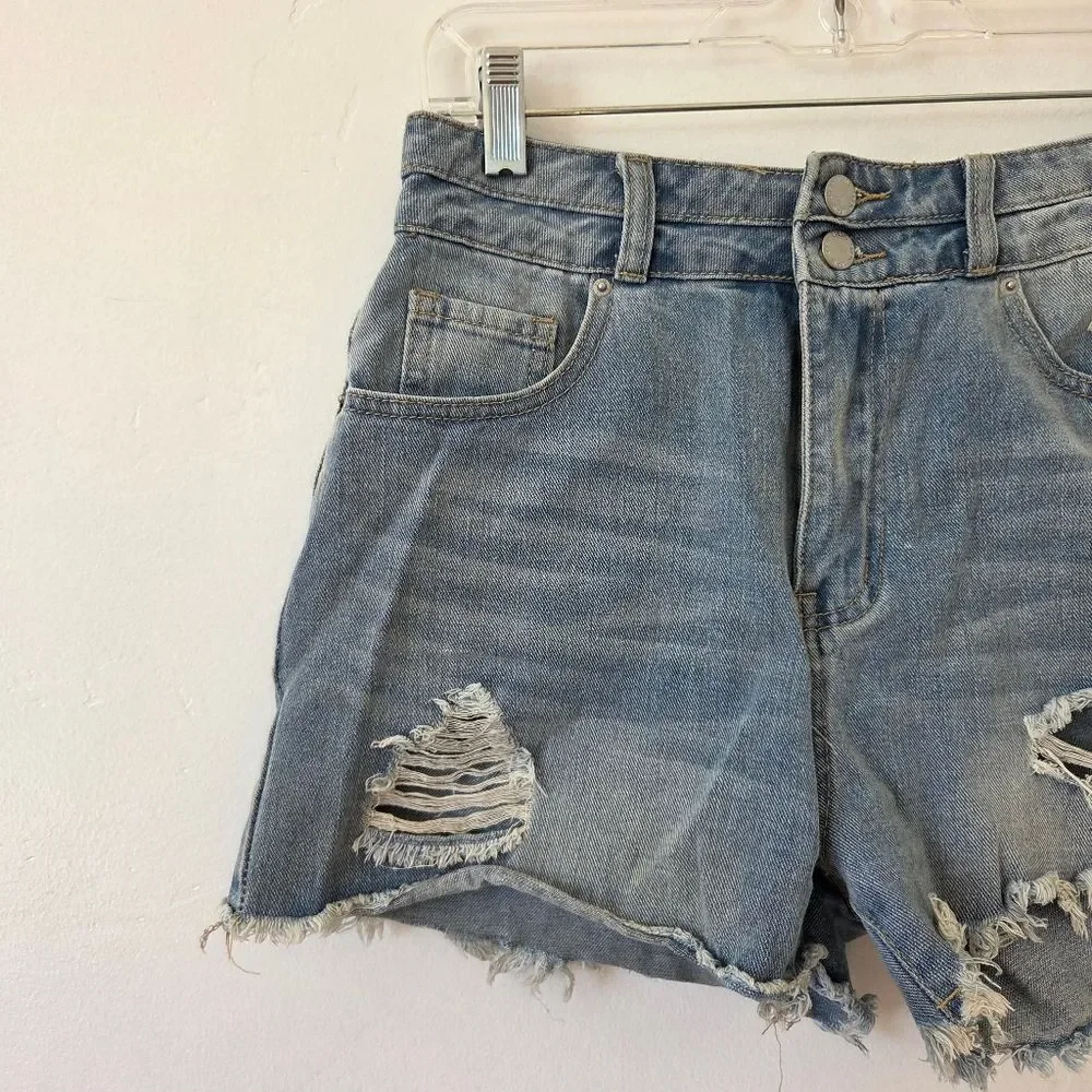 Distressed Denim Booty Short Shorts Daisy Duke Ripped High Waist Medium Wash 28